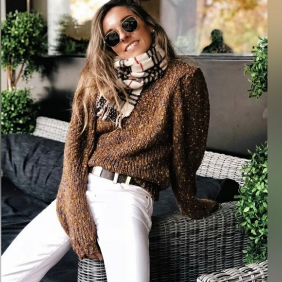 Zara women' Knit Women's Chunky Sweater Long Sleeve V-Neck Brown Speckled Size S - Picture 5 of 12